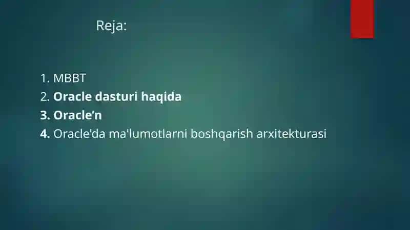 Ma’lumotlar bazasini boshqarish tizimi, ma’lumotlarni boshqarish uchun oracle dasturi 2