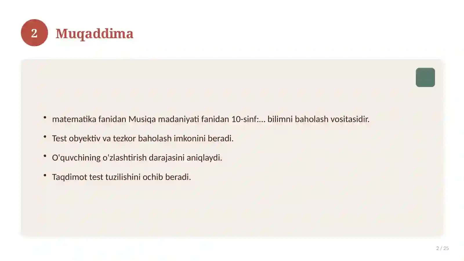 Musiqa madaniyati fanidan 10-sinf: mavzulashtirilgan nazorat ishi va tahlil 2