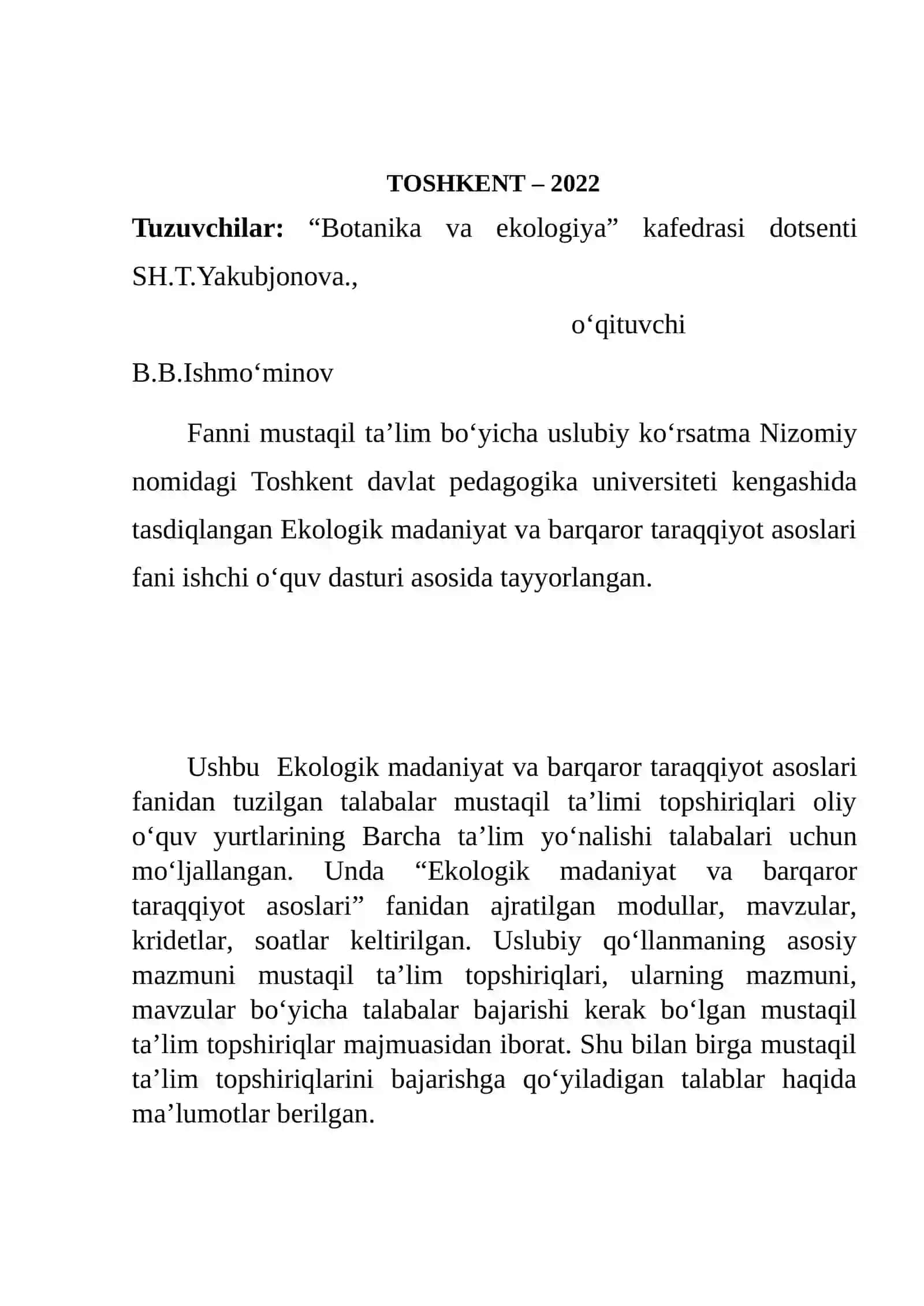 Ekologik madaniyat va Barqaror taraqqiyot asoslari fanidan Mustaqil ta’limi 2