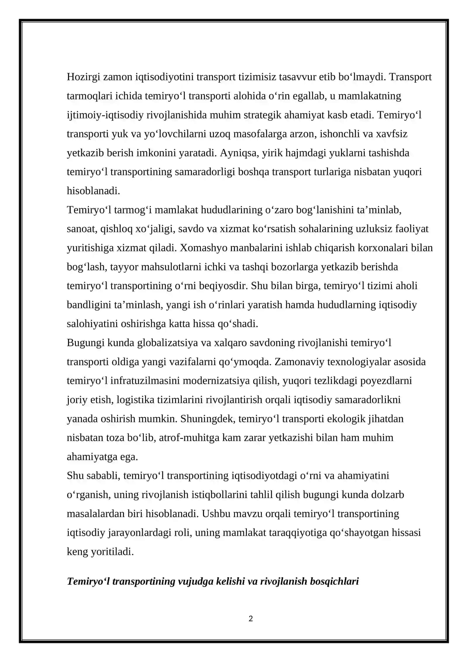 Temiryo‘l transportining iqtisodiyotdagi o‘rni va ahamiyati 2
