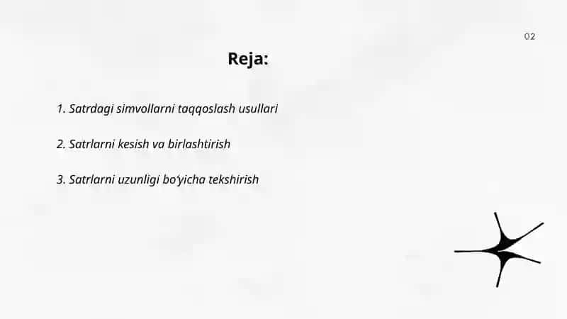 Matnlar bilan ishlash simvollarni taqqoslash va satrlarni formatlash usullari 2
