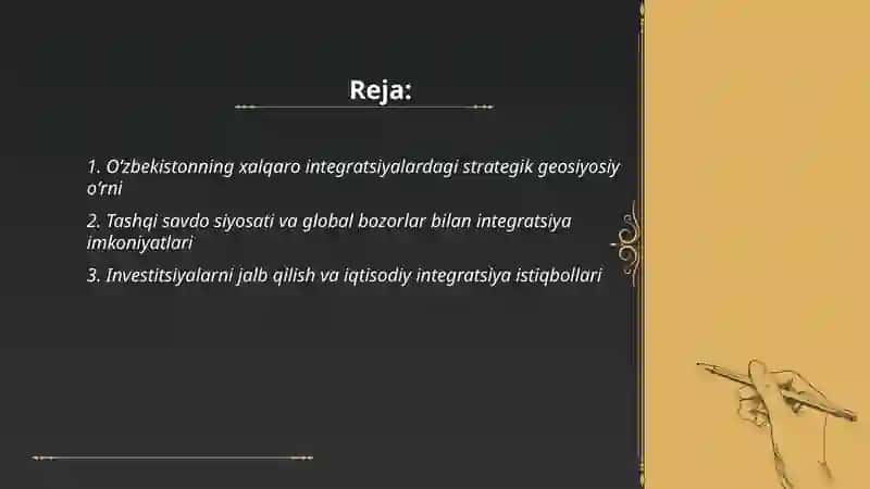 Oʼzbekistonning xalqaro integratsiyalardagi oʼrni va istiqbollari 2