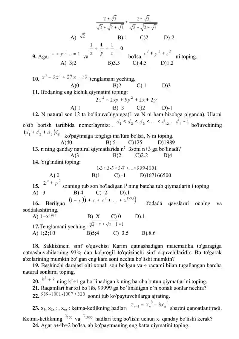 Matematikadan Olimpiada savollari 2