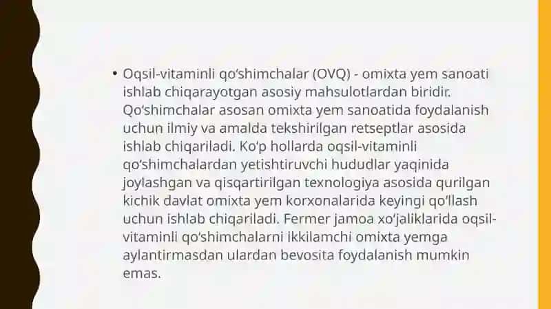 Omuxta yem oqsil vitaminli qo’shimcha ishlab chiqarishda mahsulot sifati miqdori 2