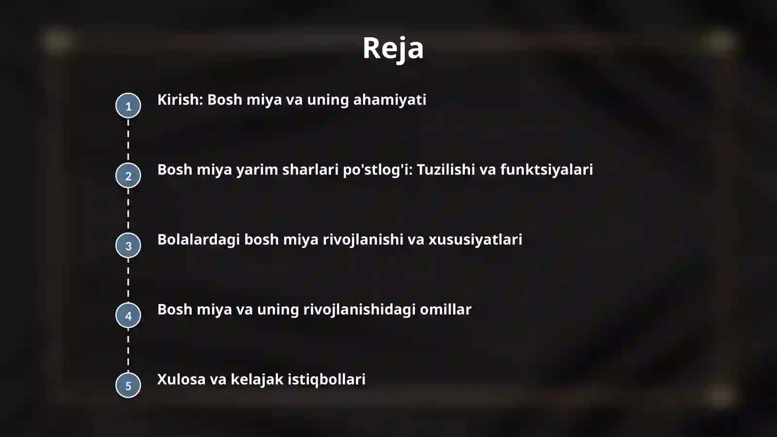 bosh miya turli boʻlimlarini oʻrganish .Bosh miya yarim sharlari poʻstlogʻi fizialogiyasini oʻrganish . bolalardagi xususiyatlari 2