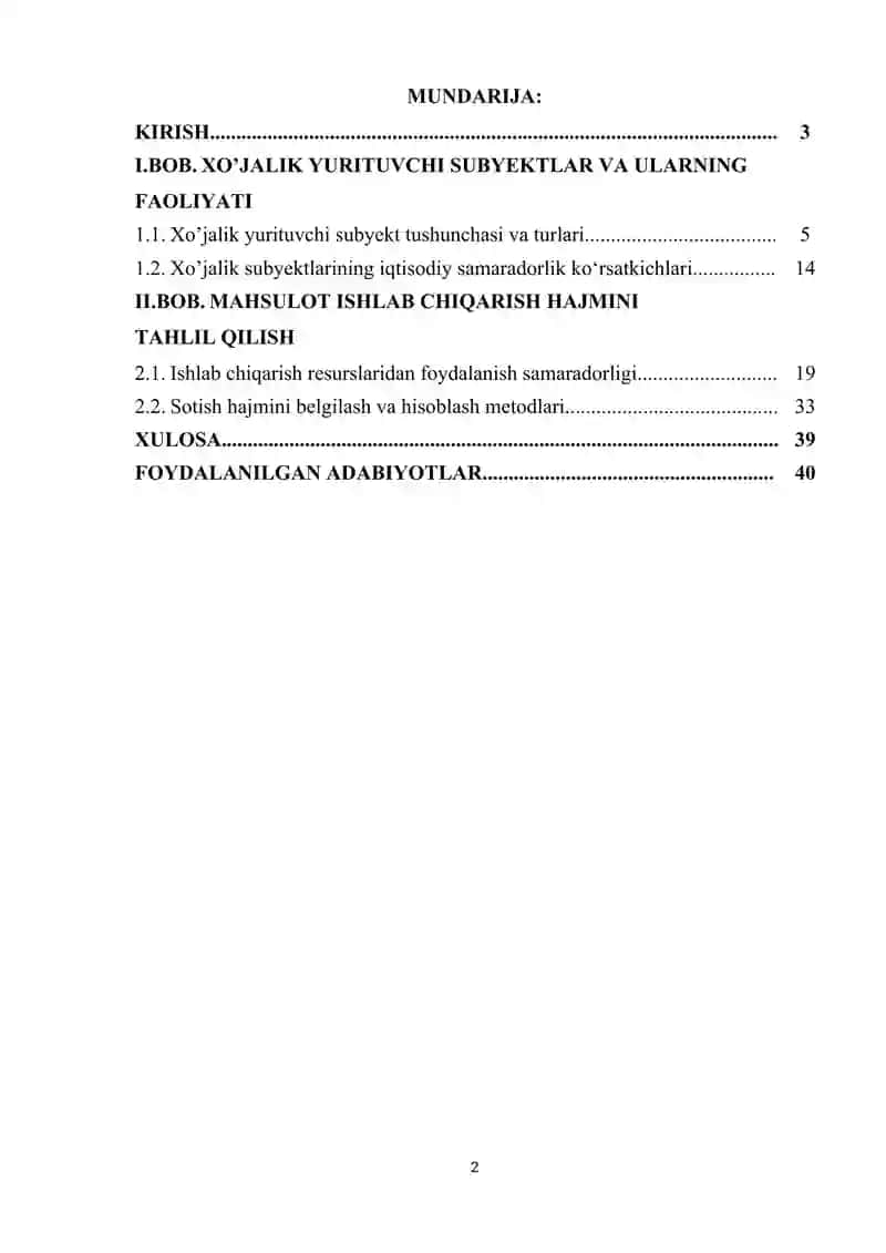 XO’JALIK YURITUVCHI SUBYEKTLARNING MAXSULOT (ISH,XIZMATLAR) ISHLAB CHIQARISH VA SOTISH HAJMINI TAHLILI. 2
