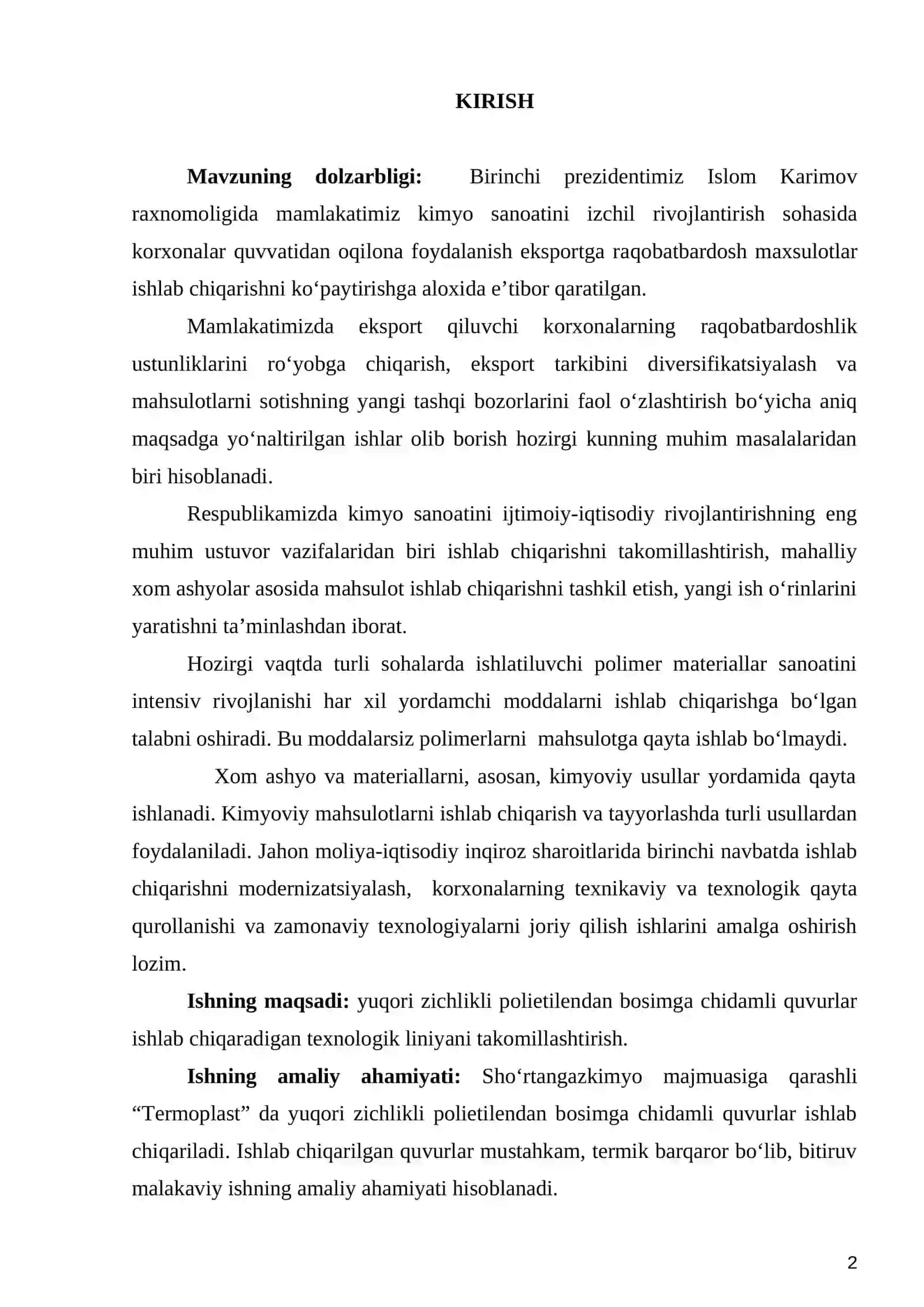 Yuqori zichlikli polietilendan bosimgа chidаmli quvurlаr ishlаb chiqаrish liniyasini loyihаlаsh 2