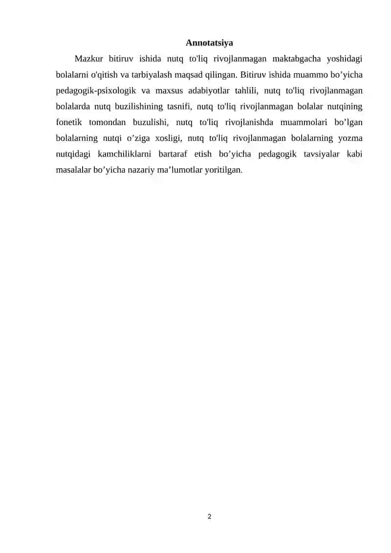 Nutq to'liq rivojlanmagan maktabgacha yoshidagi bolalarni o'qitish va tarbiyalash 2