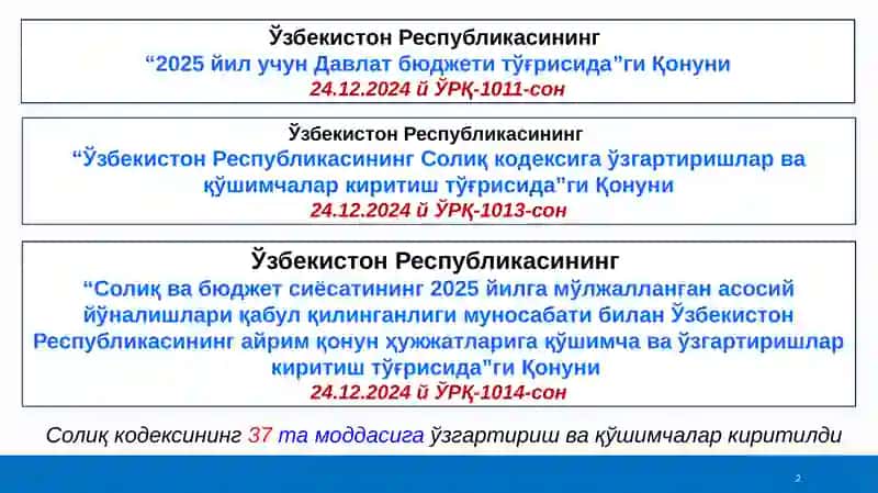 Солиқ ва бюджет сиёсатининг 2025 йилга мўлжалланган асосий йўналишлари 2