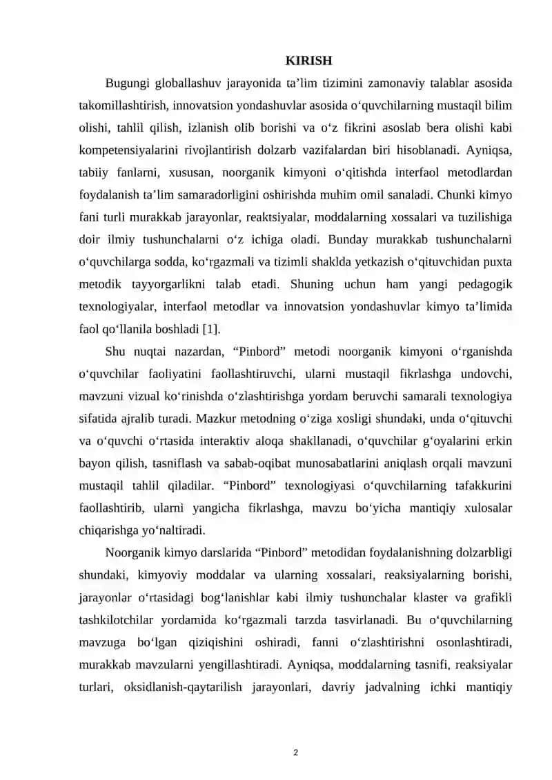 “PINBORD” METODINI NOORGANIK KIMYONI O‘RGANISHDA QO‘LLASH 2