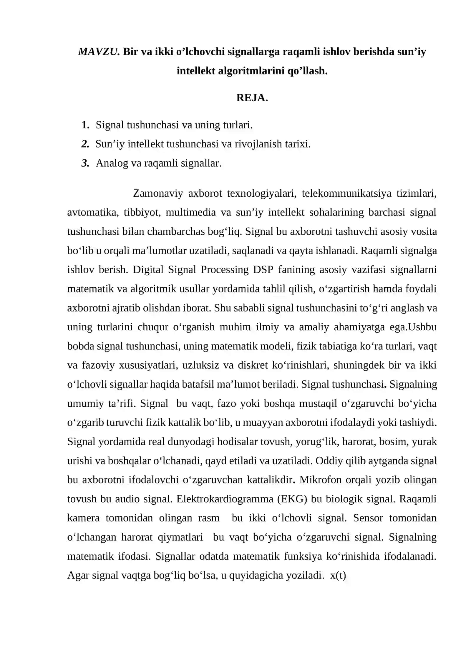 Bir va ikki o’lchovchi signallarga raqamli ishlov berishda sun’iy intellekt algoritmlarini qo’llash. 2