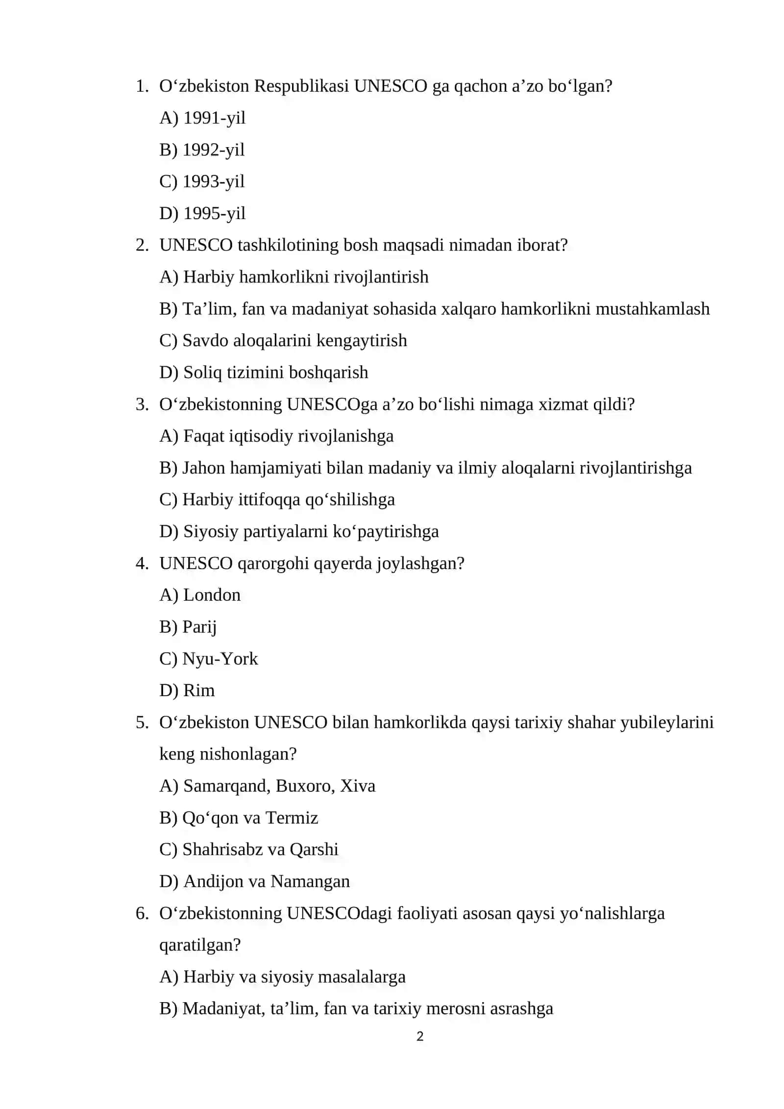 O‘zbekiston Respublikasining Yuneskoga a’zo bo‘lishi va jahon hamjamiyatidagi o‘rni. 2