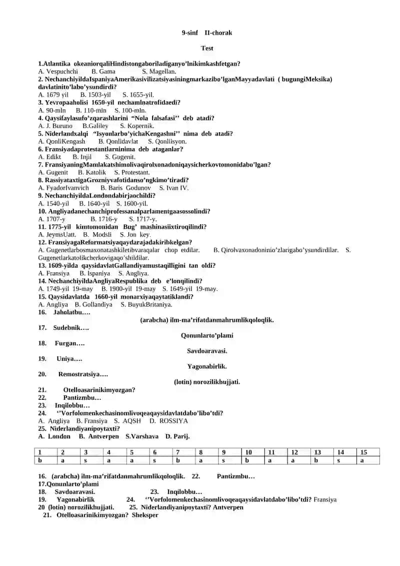 9-sinf jahon va o’zbekiston tarixi I-chorak test savollari 2