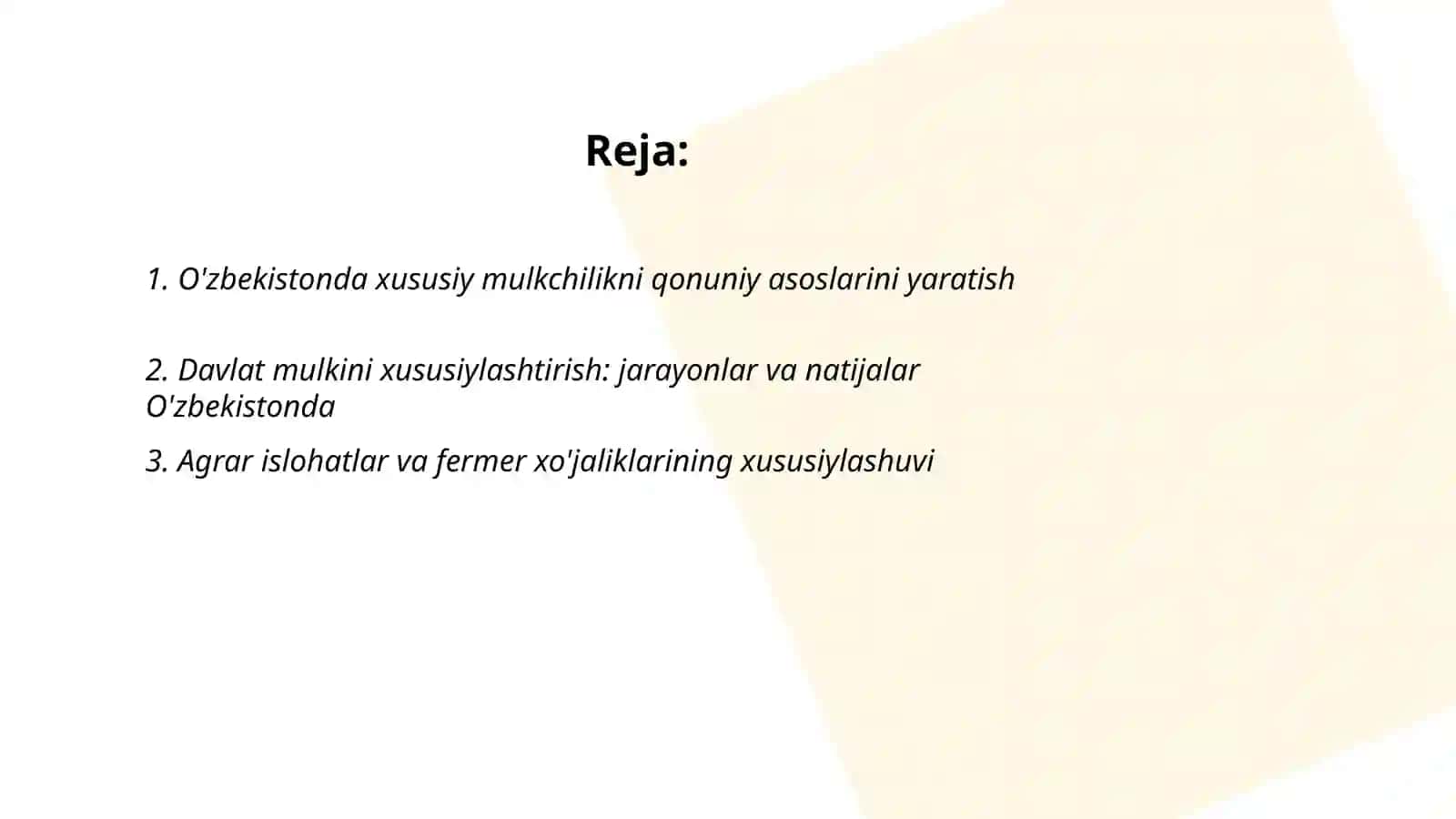 Iqtisodiy islohatlar xususiy mulkchilikning shakillanishi O'zbekistonda bozor munosabatlaining rivojlanishi 2