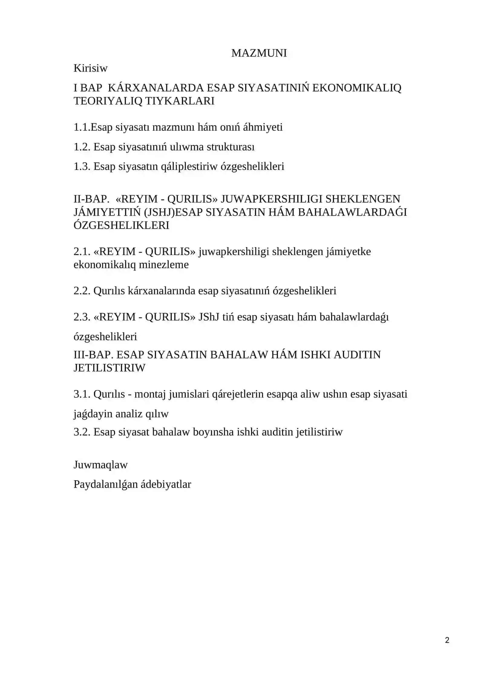KÁRXANALARDA ESAP SIYASATIN HÁM BAHALAWLARDAǴI ÓZGERISLER ESABIN JAQSILAW 2