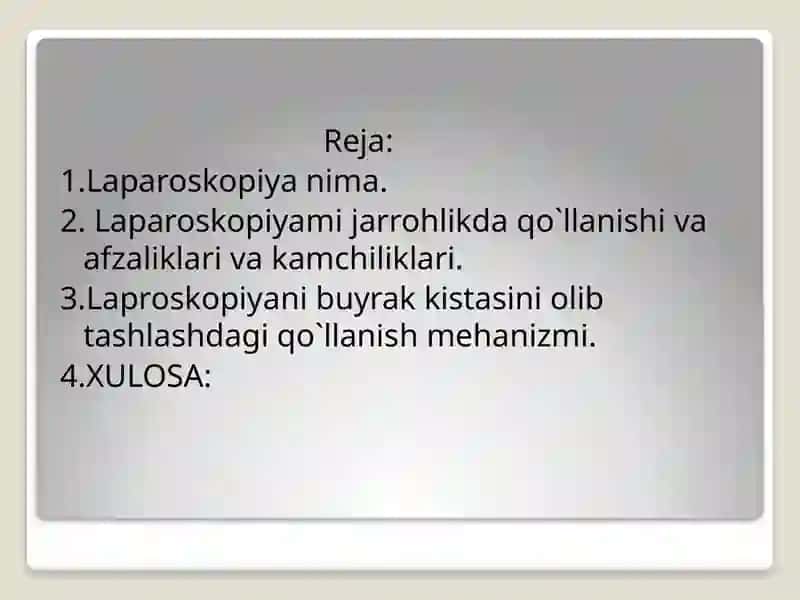 Laparoskopiyaning jarrohlikda qo`llanishi 2
