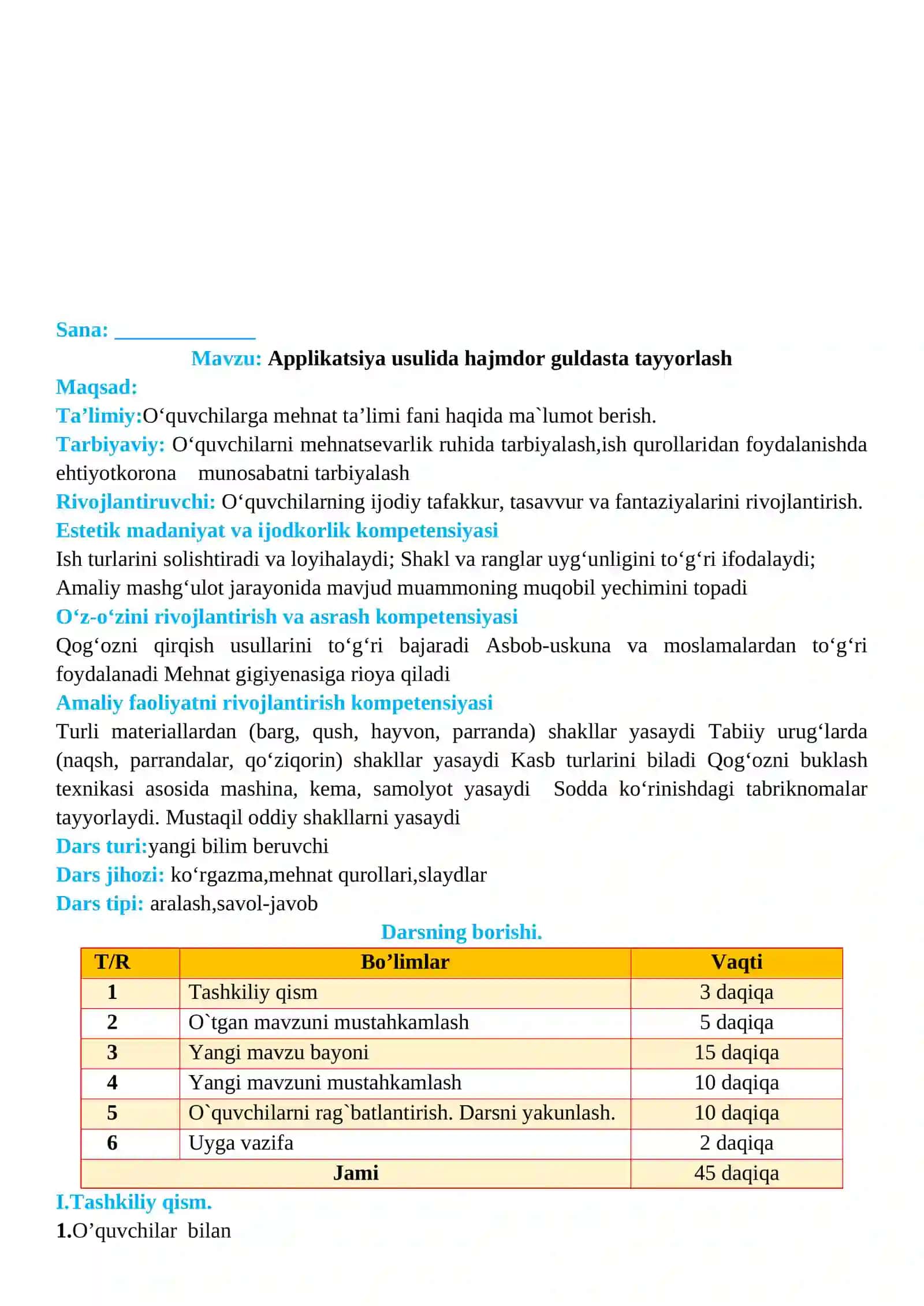 2-sinf Texnologiya fanidan Applikatsiya usulida hajmdor guldasta tayyorlash dars ishlanma 2