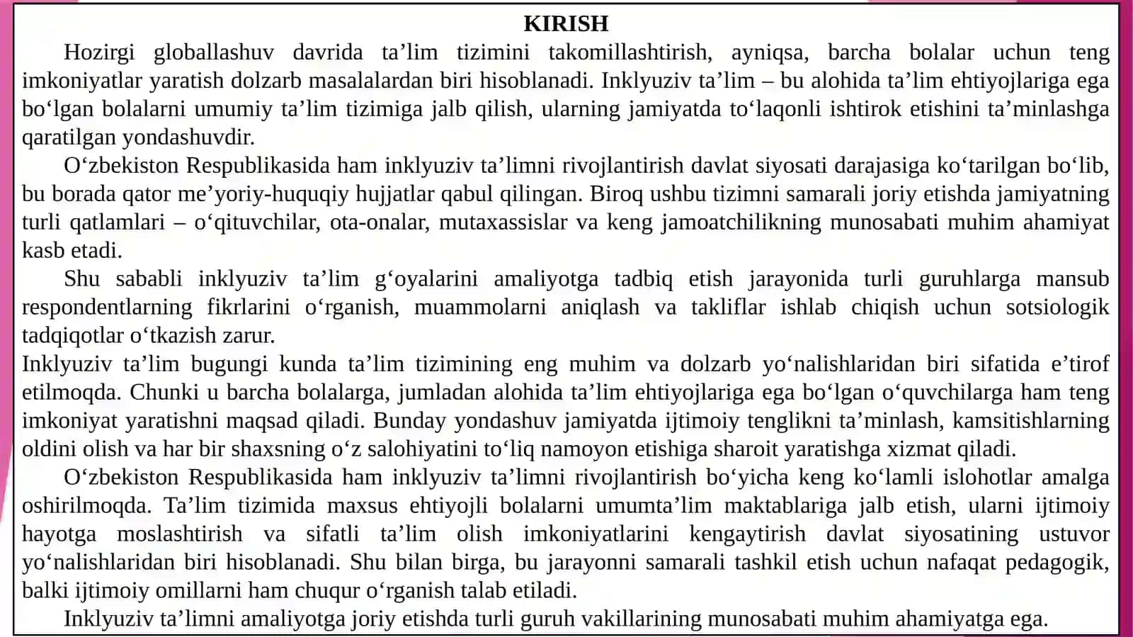 Inklyuziv ta’lim g‘oyalarini amaliyotga tadbiq etish bo‘yicha turli guruhlarga mansub respondentlarning fikrlarini aniqlashga qaratilgan sotsiologik tadqiqotlar 2