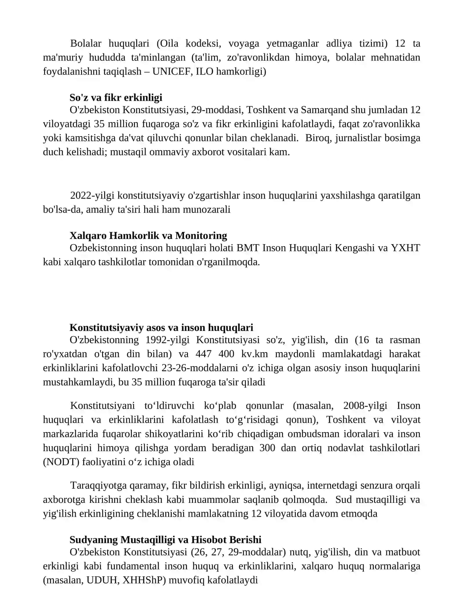 O'zbekistonda inson huquqlari va erkinliklarini kafolatining yaratilishi 2