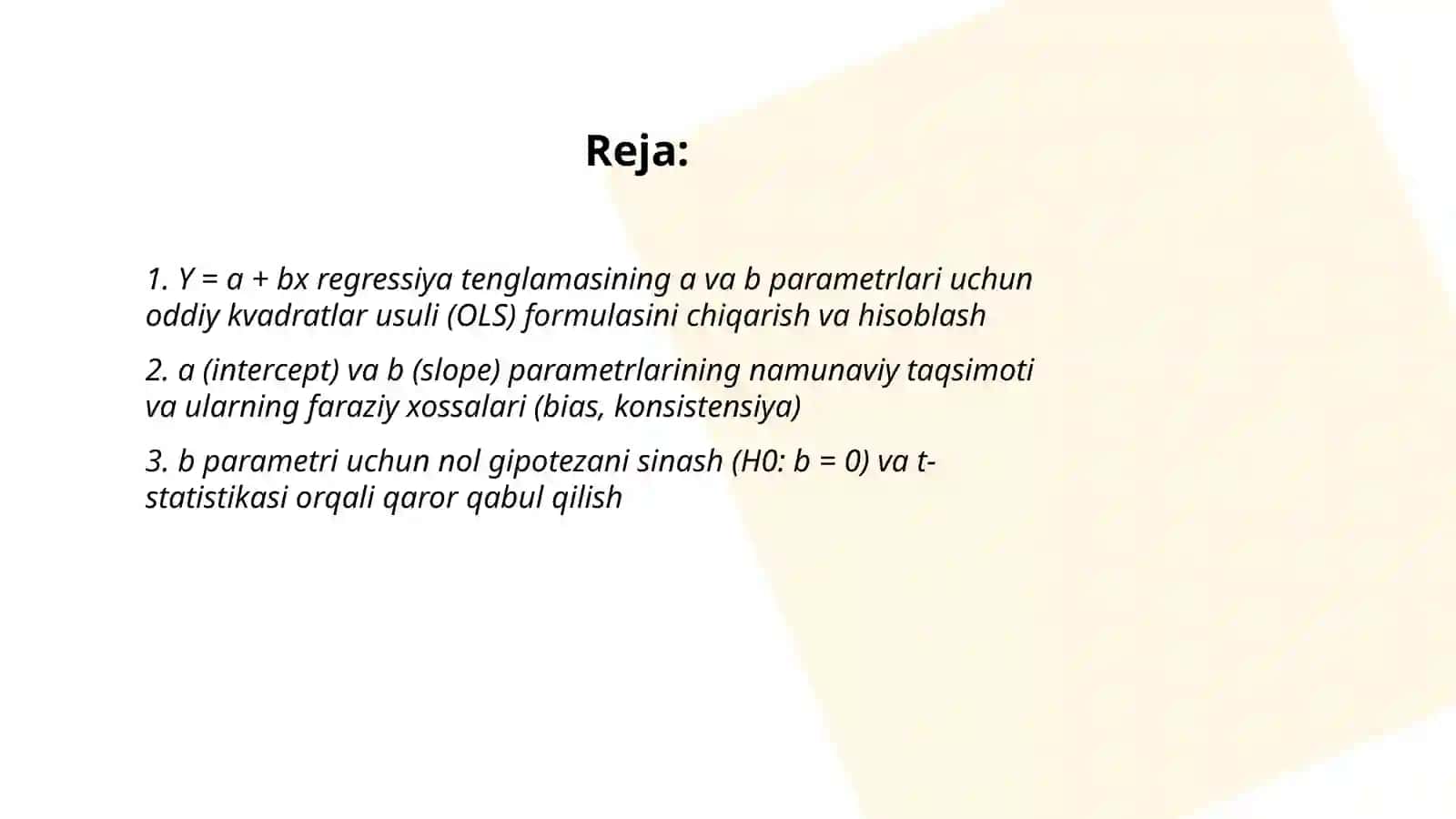 Y = a + bx regressiya tenglamasining a va b parametrlari hisoblansin va tahlil qilish 2