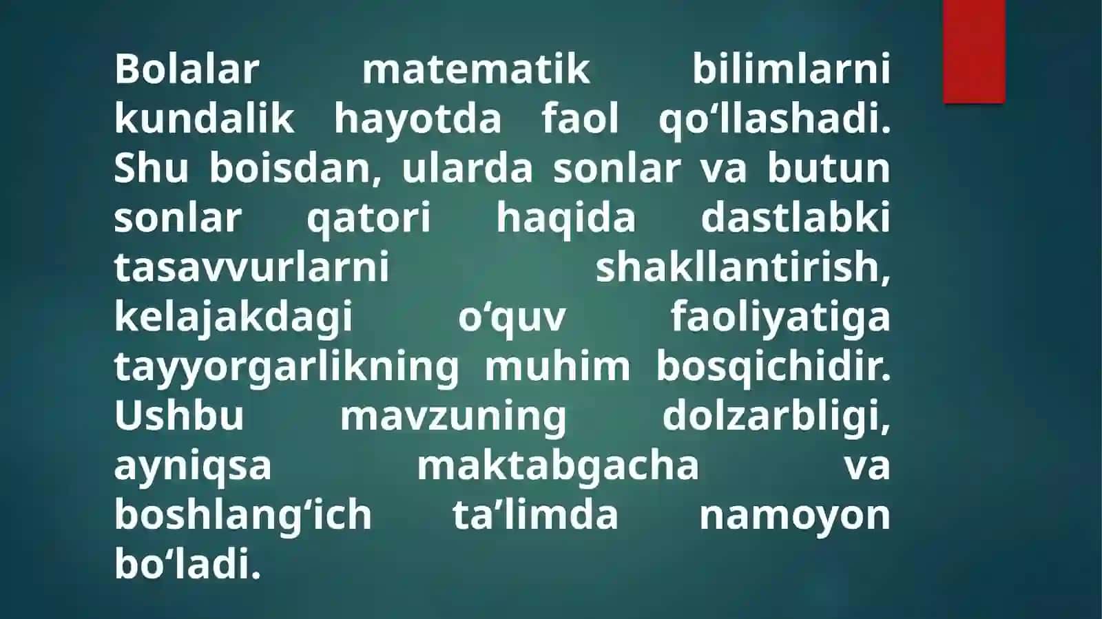 Bolalardason-sanoqhaqidagi vabutunsonlar qatori haqidagi tasavvurlarini rivojlantirishMavzusi 2
