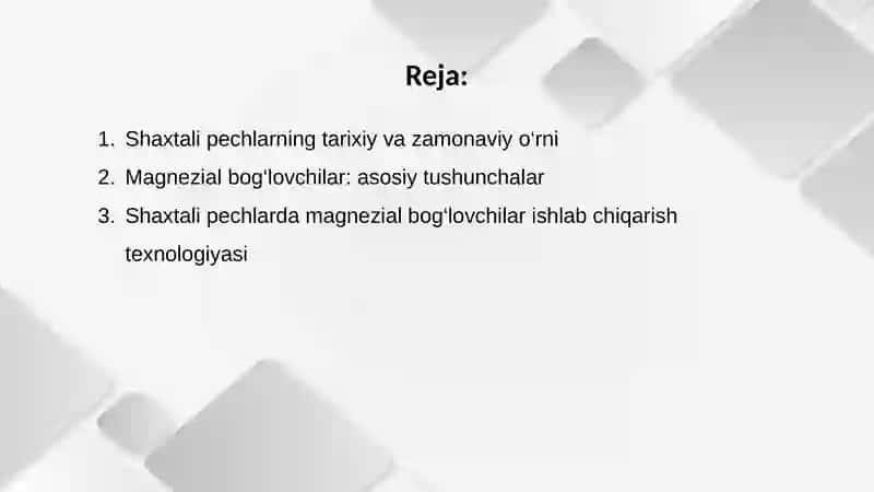Shaxtali va aylanma pechlarda magnezial bog‘lovchilar ishlab chiqarish texnologiyasi 2