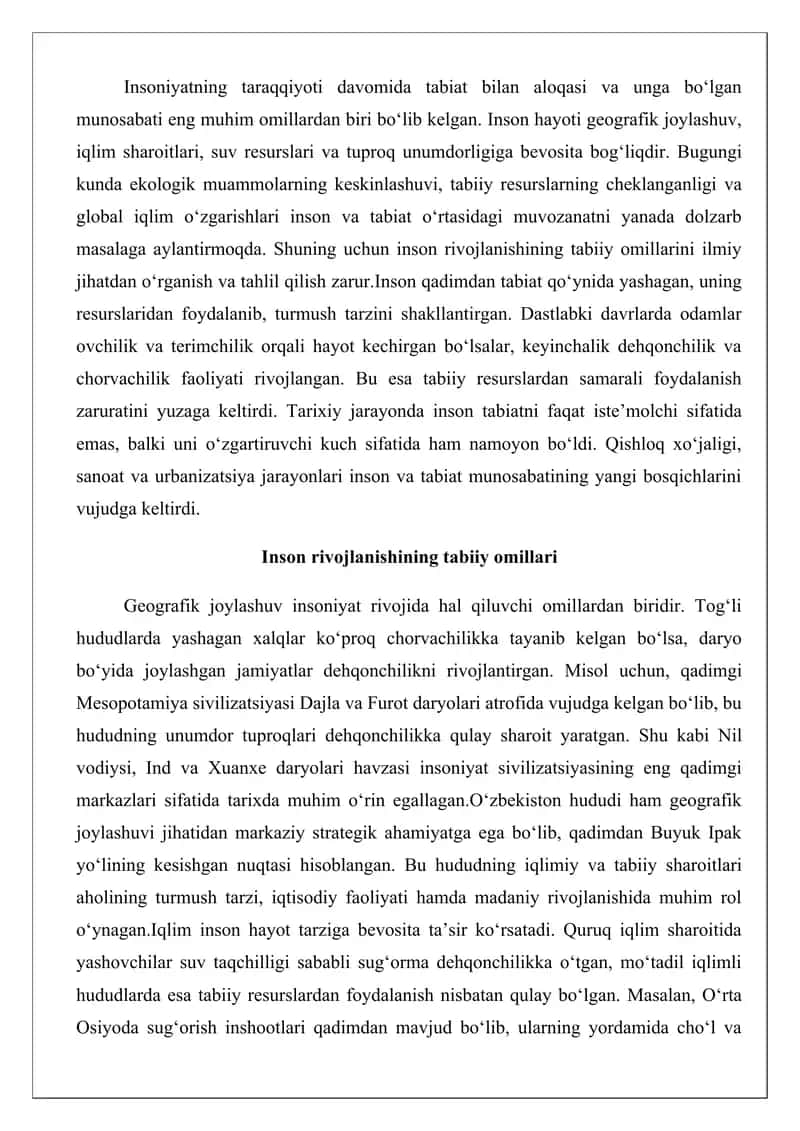 Inson va ekologiya rivojlanishining tabiiy shart sharoitlari. 2