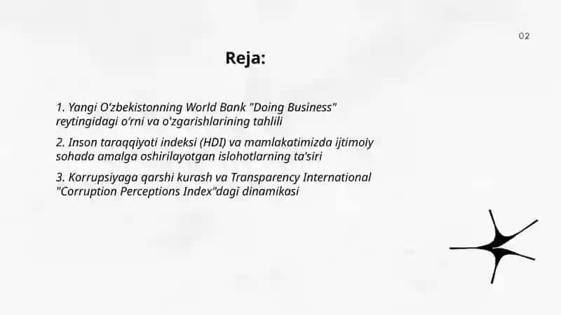 Yangi Oʻzbekiston ijtimoiy-siyosiy,iqtisodiy va madaniy hayotida roʻy berayotgan oʻzgarishlarning xalqaro reyting va indekslarda aks etishi 2