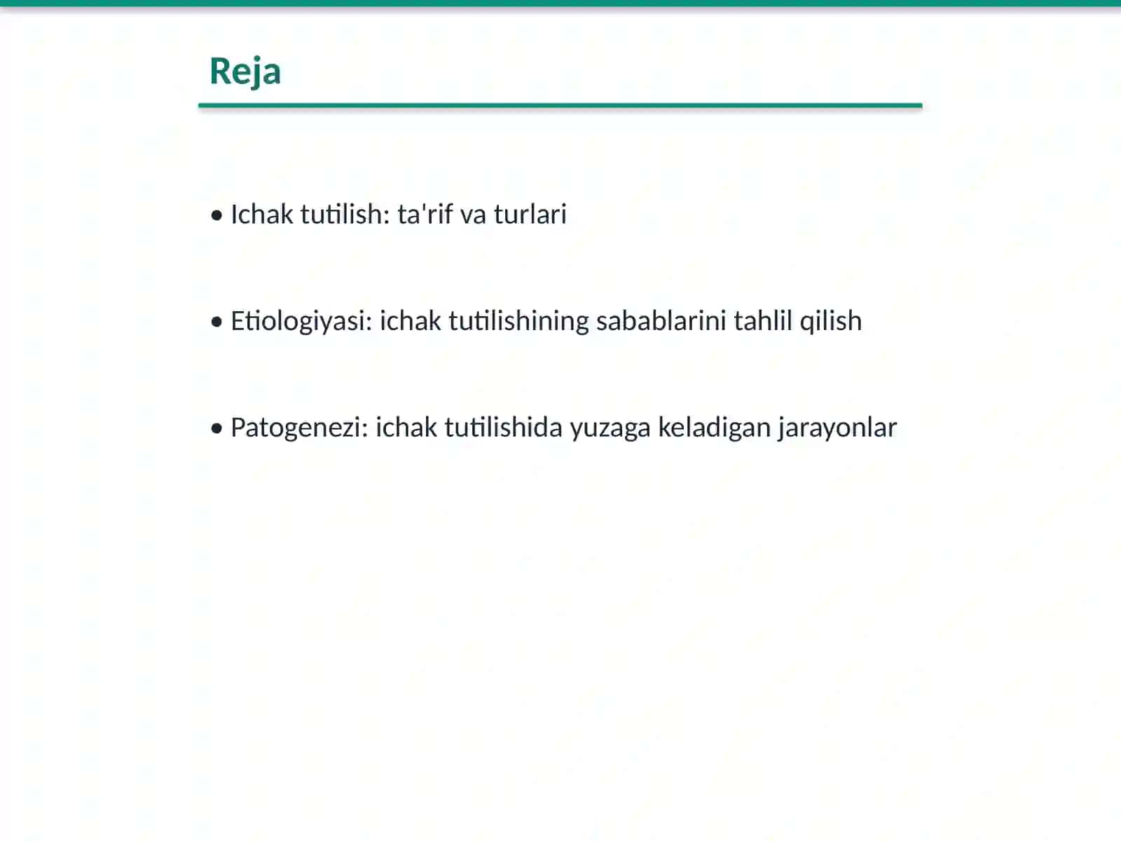 Ichak tutilish Etiologiyasi,patogenezi, anatomik joylashuvi, kilinik kechishi, klassifikatsiyasi,tashxisi,diagnostikas,davolash 2