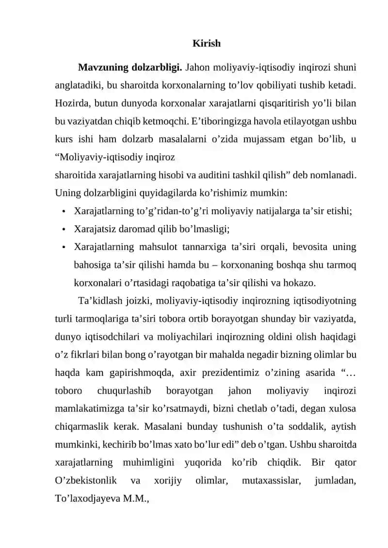 Moliyaviy-iqtisodiy inqiroz sharoitida xarajatlarning hisobi va auditini tashkil qilish 2