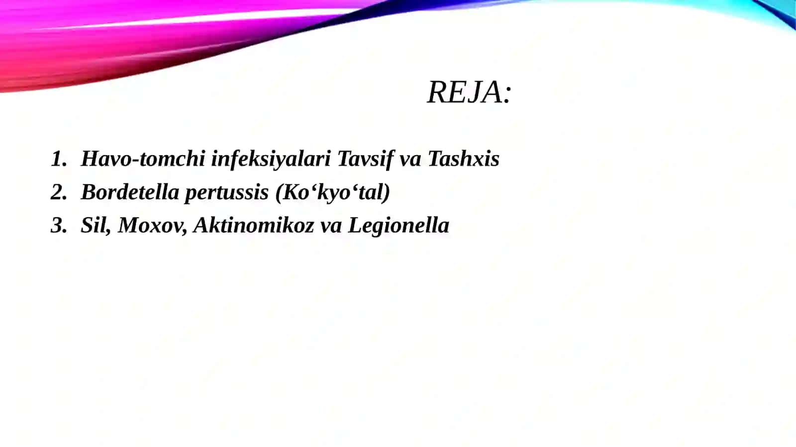 Havo-tomchi infeksiya qo‘zg‘atuvchilari: klebsillez, pnevmokokk, meningokokk, bo‘g‘ma, ko‘kyo‘tal ularga tavsif va laborator tashxisoti. Shifoxona ichi infeksiyasi va uni oldini olish. Sil, moxov  va aktinomikoz, legionella kasalliklariga tavsif va ularning laboratoriya tashxisi 2