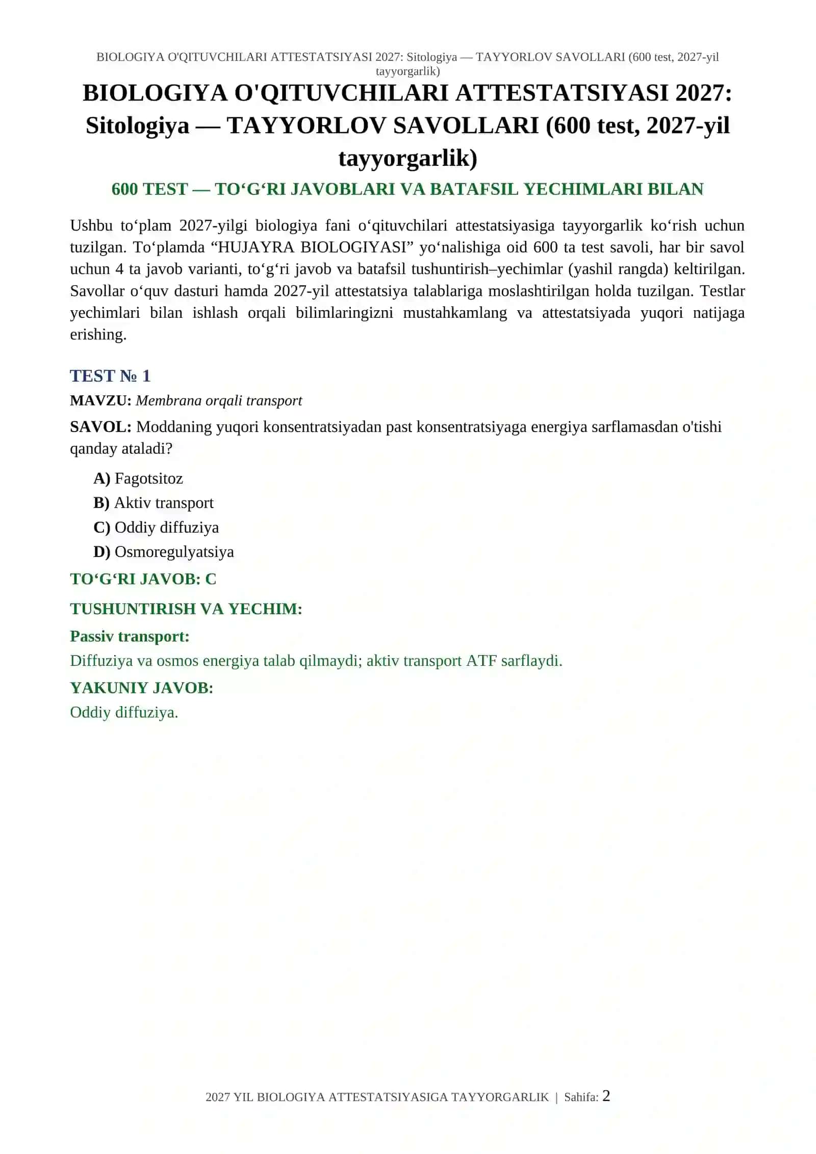 BIOLOGIYA O'QITUVCHILARI ATTESTATSIYASI 2027: Sitologiya 2