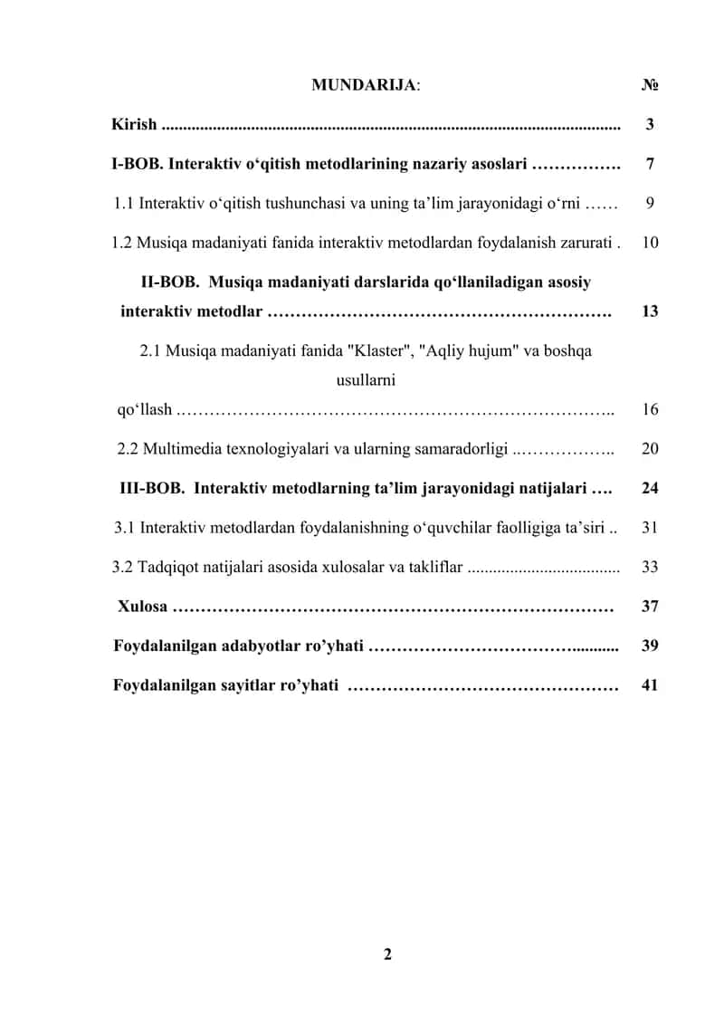 Interaktiv o'qitish metodlari musiqa madaniyati kurs ishi 2