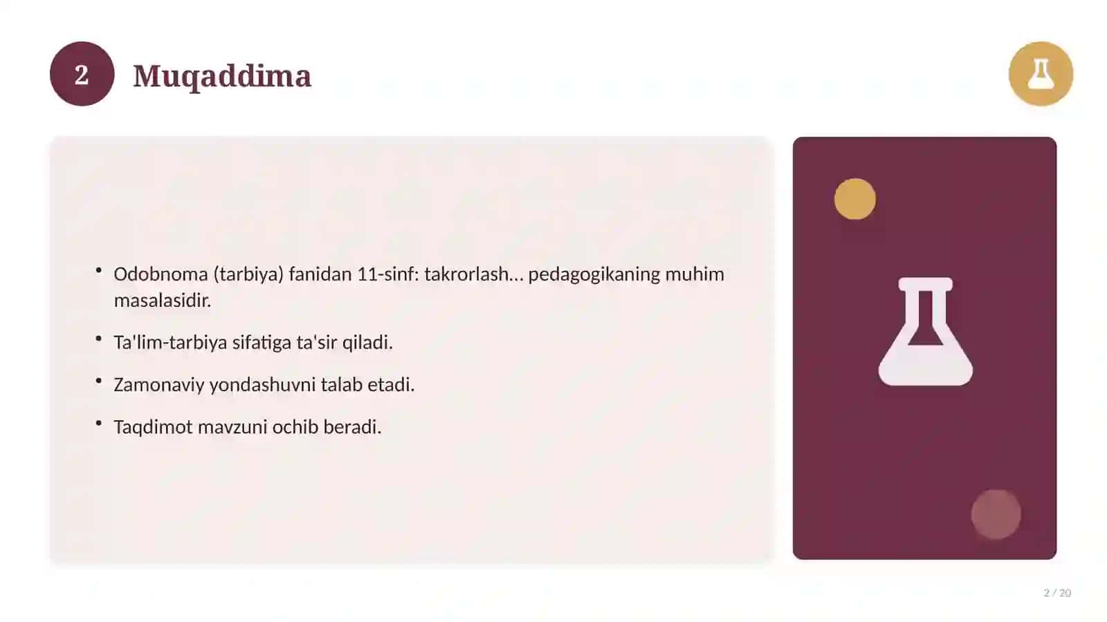 Odobnoma (tarbiya) fanidan 11-sinf: takrorlash darsi ishlanmasi 2