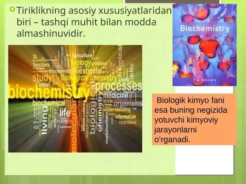 Moddalar almashinuviga kirish. Metabolizm to‘g‘risida tushuncha. Ovqatlanish biokimyosi. 2