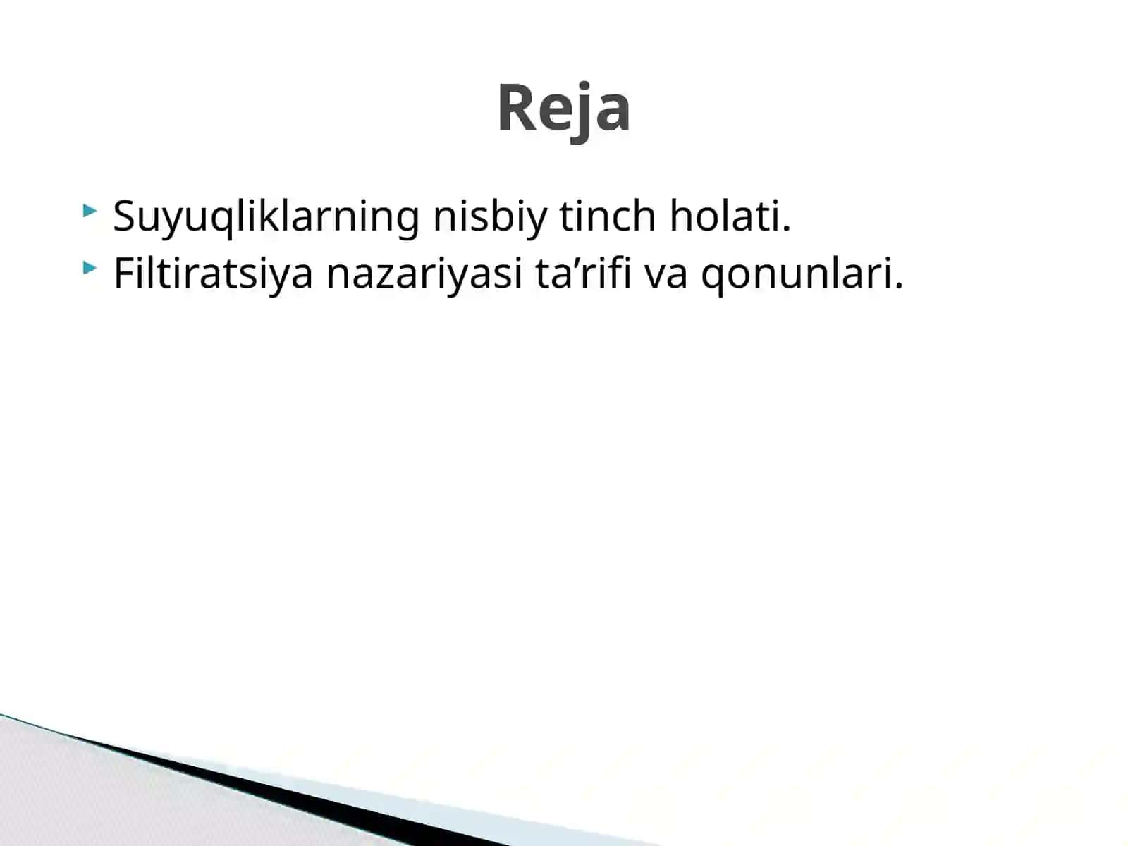 Suyuqliklarning nisbiy tinch holati. Filtiratsiya nazariyasi ta’rifi va qonunlari 2