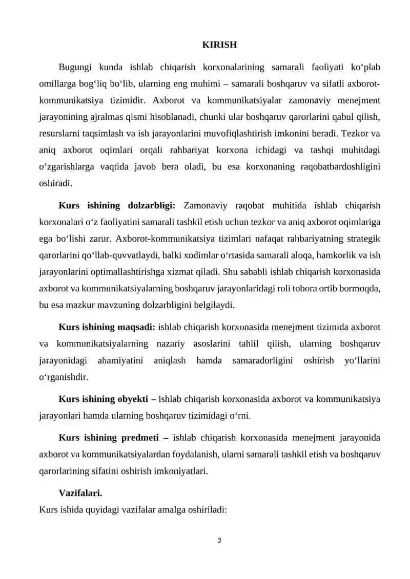 ISHLAB CHIQARISH KORXONASIDA MENEJMENT TIZIMIDA AXBOROT VA KOMMUNIKATSIYALARNING NAZARIY ASOSLARI 2