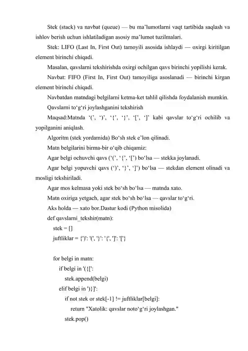 NAVBAT VA STEKDAN FOYDALANIB MATN TAHLIL QILISH (MASALAN, QAVSLARNI TEKSHIRISH) 2