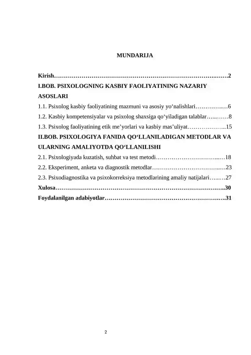 Psixolog kasbiy faoliyati va psixologiya metodlari kurs isshi 2