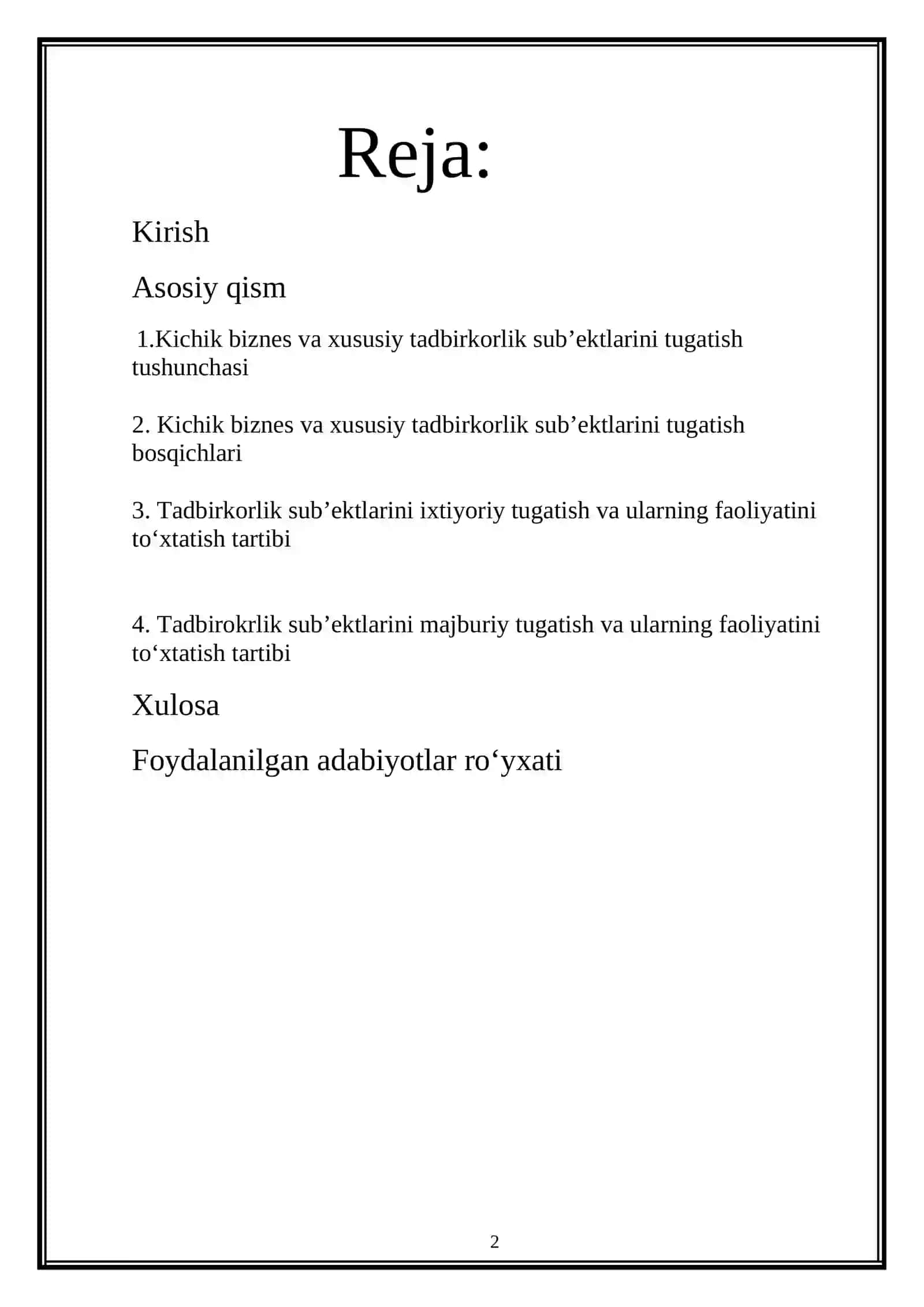 Kichik biznes va xususiy tadbirkorlik sub’ektlarini tugatish 2