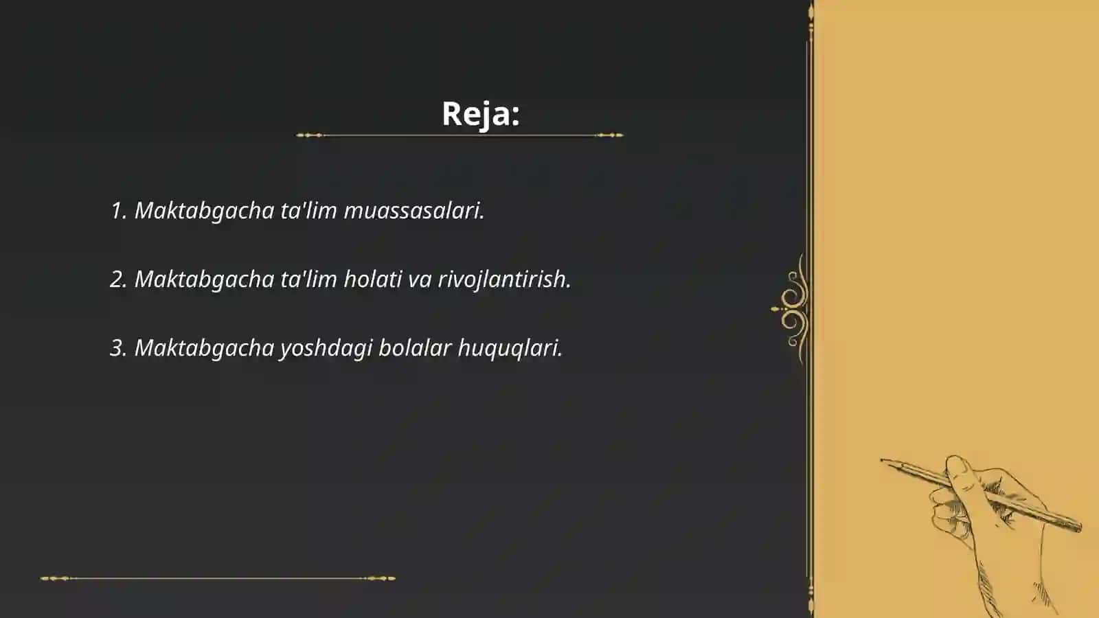 O'zbekiston respublikasi ta'lim tog'risidagi qonuni(Maktabgacha ta'lim) 2
