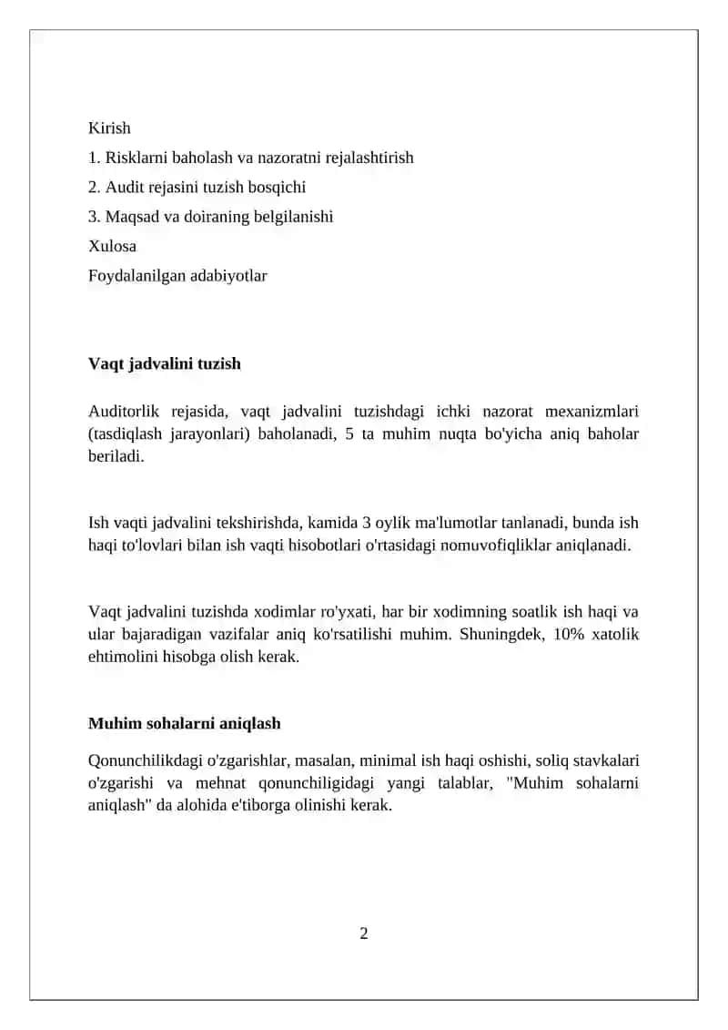 Mehnat haqi bo'yicha hisob-kitoblar auditini rejalashtirish bosqichi 2