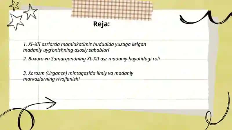 XI–XII asrlarda mamlakatimiz hududida yuzaga kelgan madaniy uygʻonishning asosiy sabablari 2
