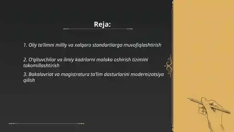 Oʻzbekiston Respublikasida oliy taʼlim va undan keyingi taʼlimning takomillashtirilishi 2