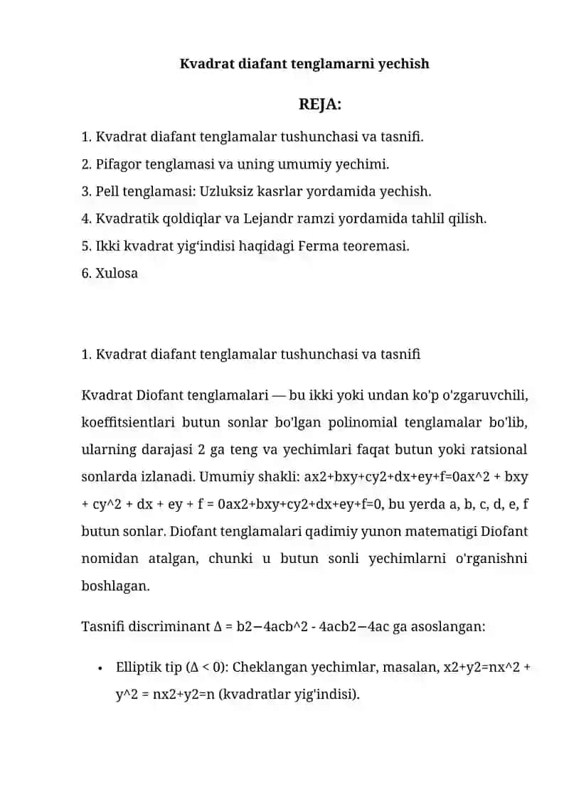 Kvadrat diafant tenglamarni yechish 2