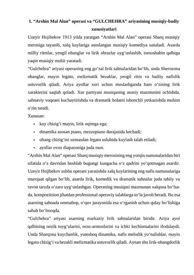 “Arshin Mal Alan” operasidan Gulchehra ariyasi ayollar xori uchun. Xorning toza ijrosini shakllantirish. Ifodali ijroni ta’minlash 2