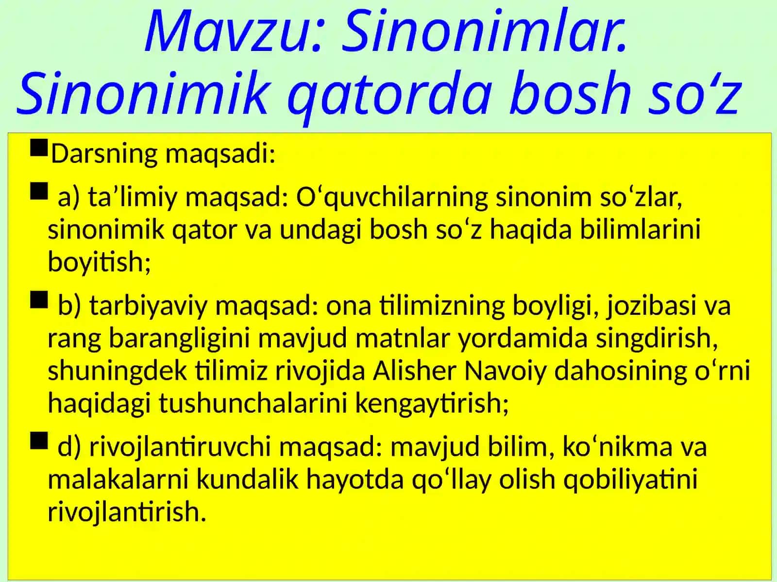 6-sinf Ona tili fanidan Sinonimlar. Sinonimik qatorda bosh so'z dars ishlanma 2
