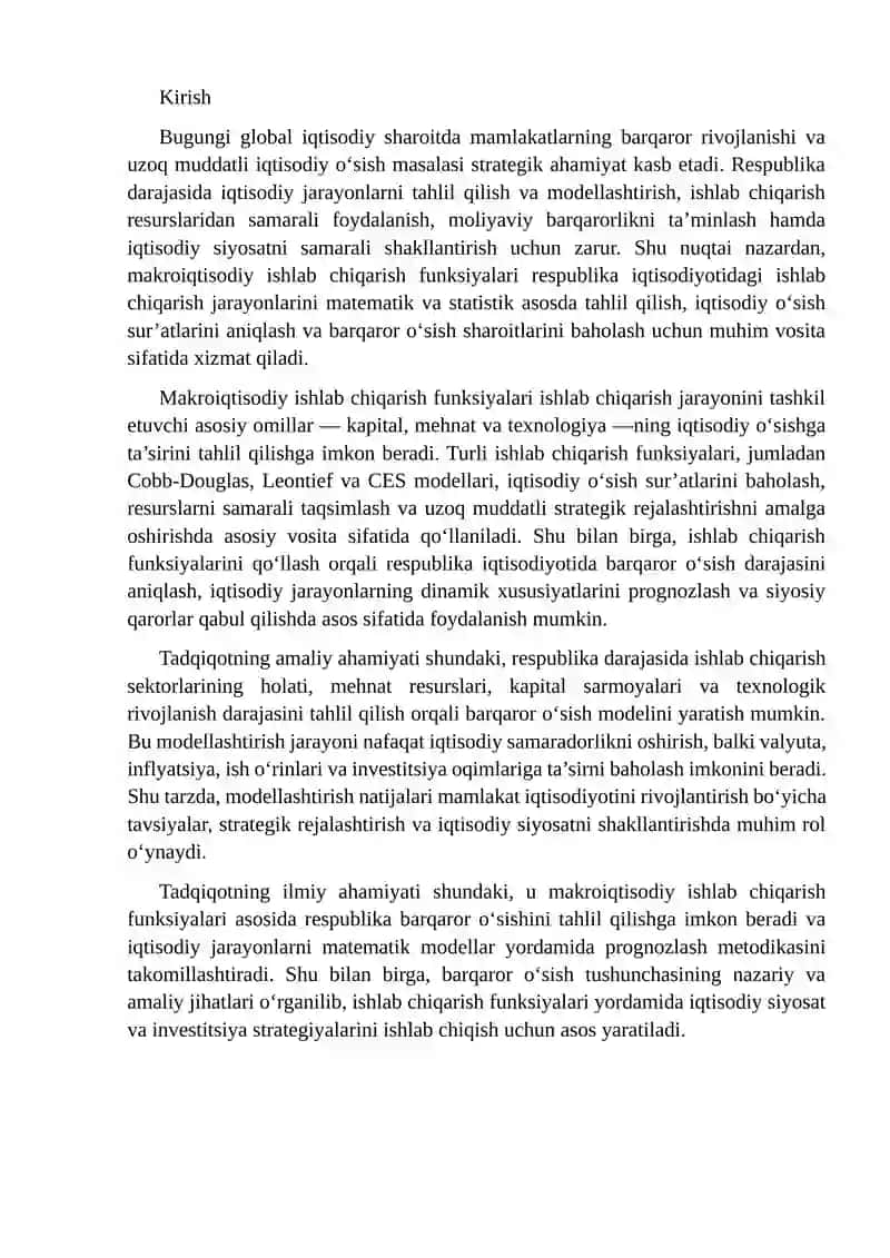 Makroiqtisodiy ishlab chiqarish funksiyalari asosida respublika barqaror o'chishni modellashtirish 2