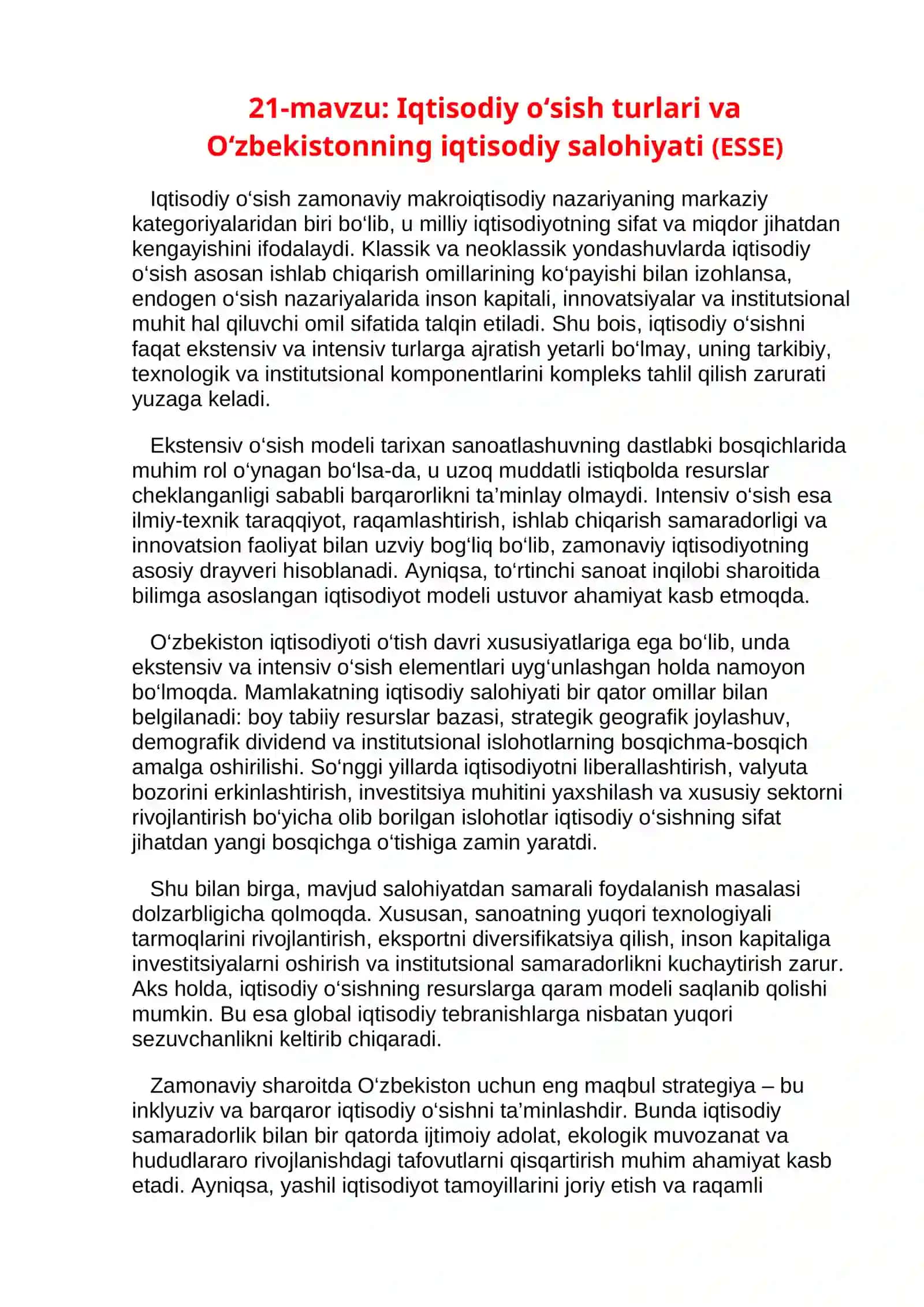 Iqtisodiy o‘sish turlari va O‘zbekistonning iqtisodiy salohiyati (ESSE) 2
