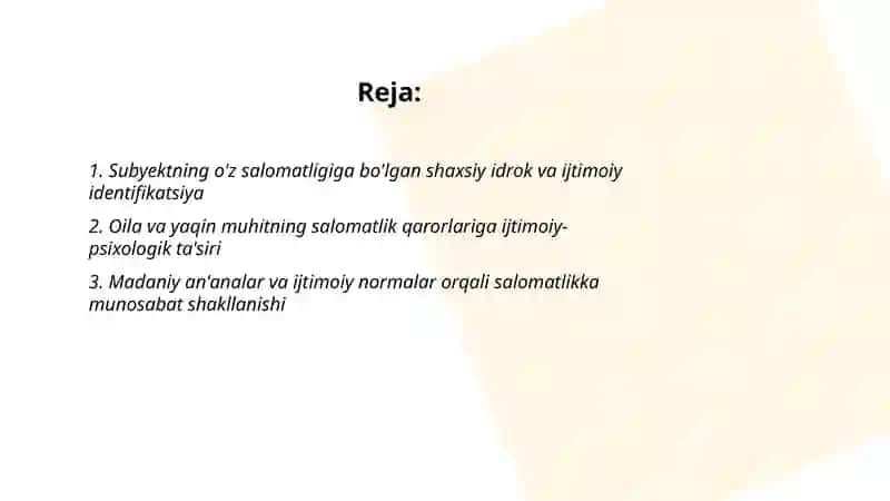 Turli hayotiy sharoitlarda sybyektning o'z salomatligiga munosabati ifodalanishining ijtimoiy psixologik xususiyatlari 2